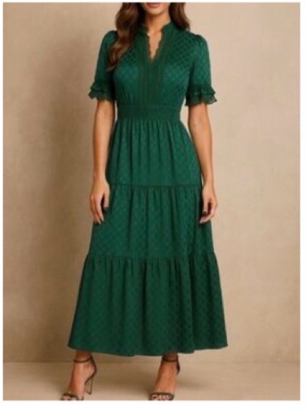 Max Studio Deep Emerald Maxi Dress with Textured Dot Fabric